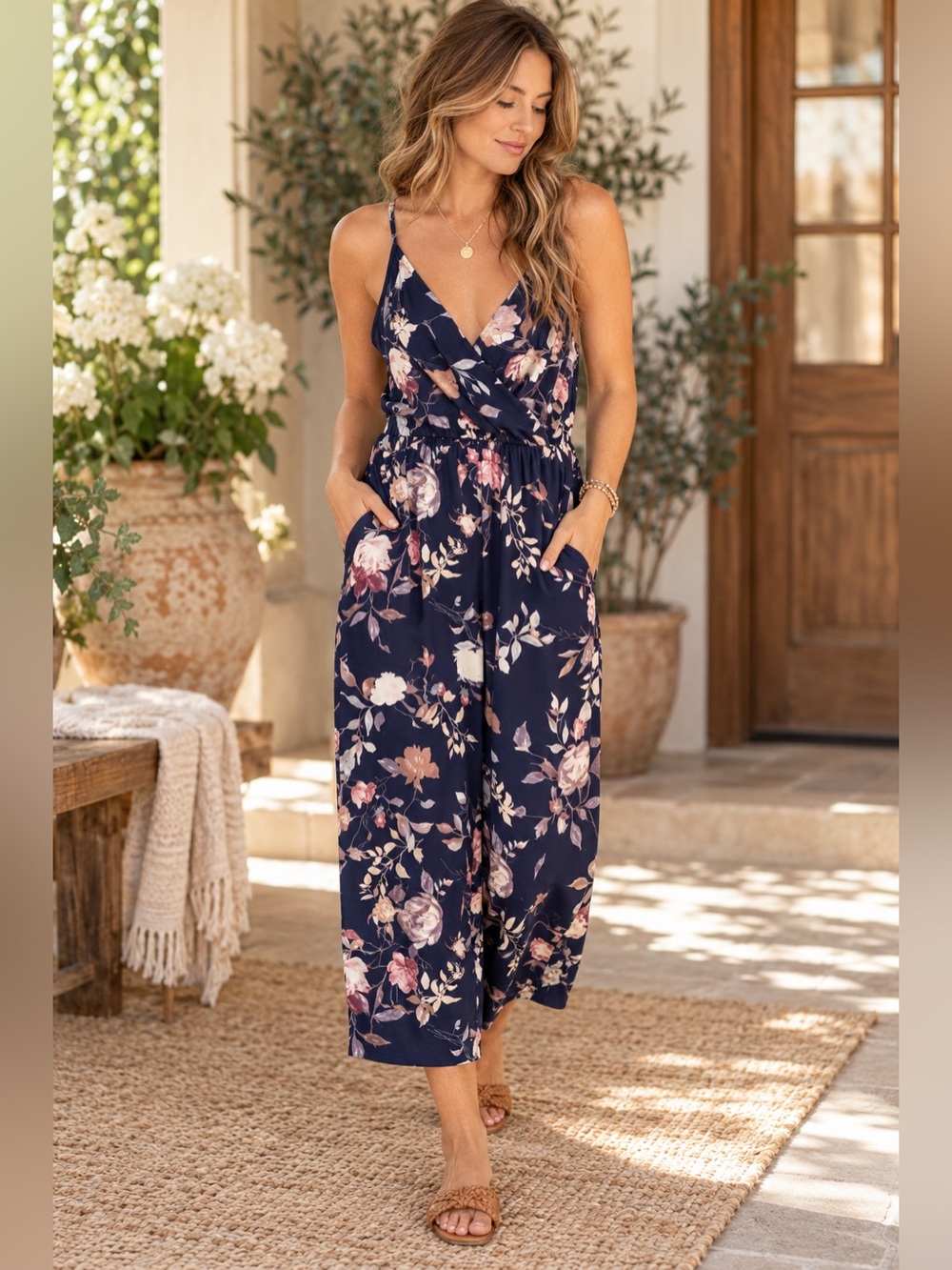Kaileigh Navy Floral Wrap Jumpsuit Wide Leg Cropped Large